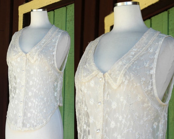1990s Sheer Mesh Tan Floral Stitched Button up Tank Top by