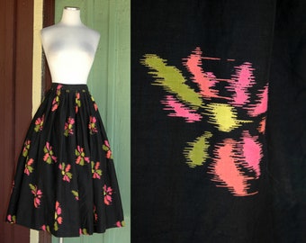 1950s 1960s Black Pleated Pink Green Yellow Orange Neon Floral Print Skirt // 50s 60s Full Electric Daisy Print Midi Skirt