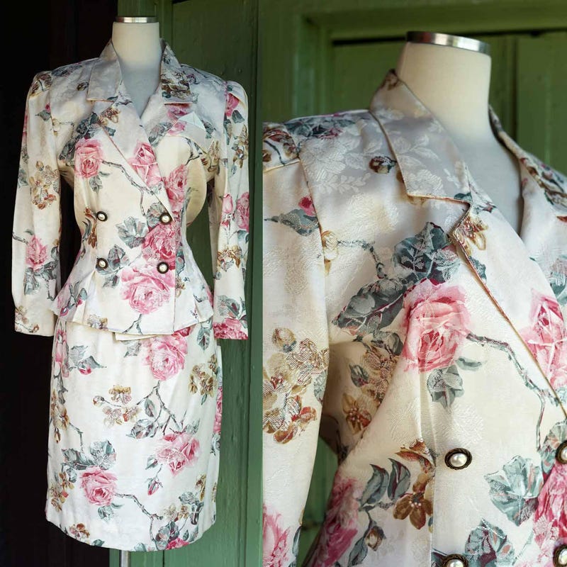 1980s Floral Print Skirt Suit with Oversized Blazer