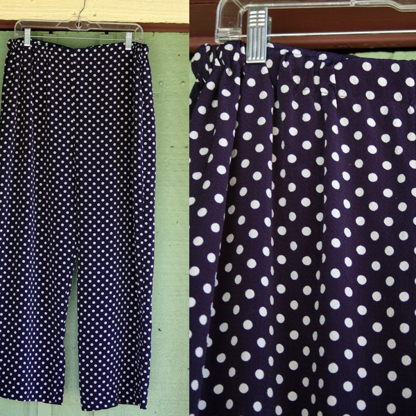 1990s Navy Blue White Polka Dot High Waist Wide Leg Pants // 90s Dark Blue White Polka Dot Pants