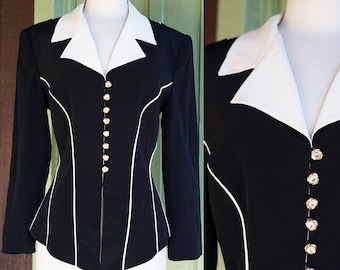 1990s Black Blazer Jacket with White Piping Detail and Gold Rhinestone Buttons // 90s Tailored Blazer by Liz Elana