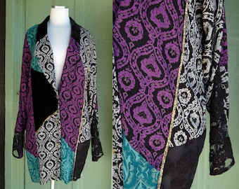 1990s Purple Green Black Patchwork Rayon Velvet Lace Jacket by Carole Little // 90s Stevie Nicks Long Blazer