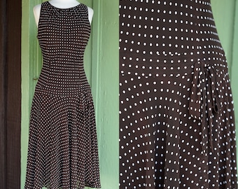 2000s Brown White Polka Dot Drop Waist Dress with Bow // Y2K Liz Claiborne Sleeveless Midi Dress