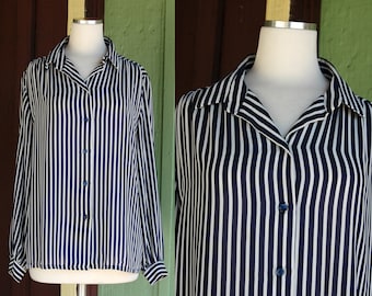 1970s 1980s Navy Blue White Striped Long Sleeve Blouse // 70s 80s Teddi of California Button Up Top