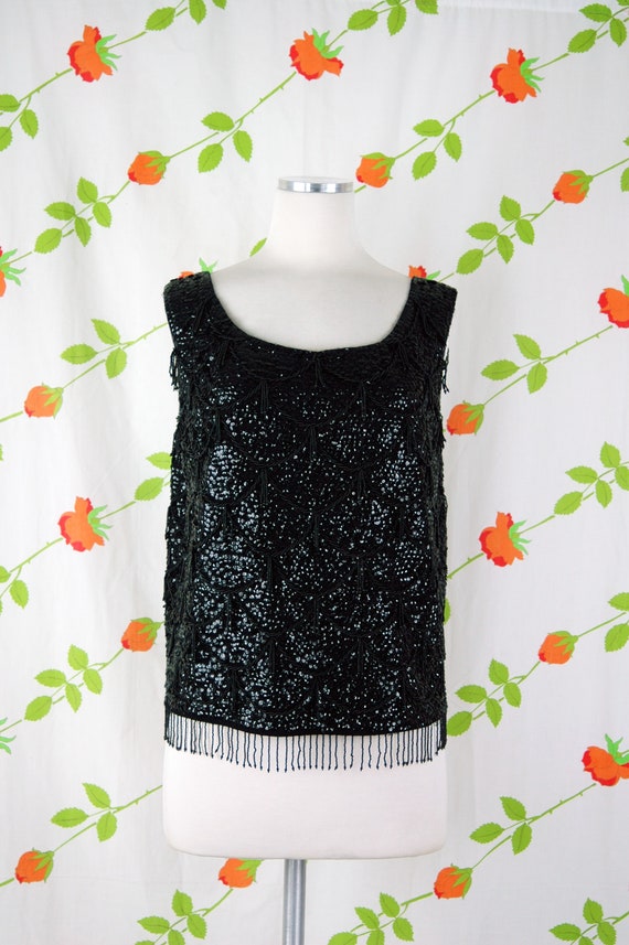 1960s Black Sequin Beaded Fringe Tank Top // 60s … - image 2