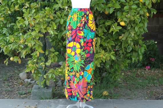 70s Neon Floral Print Multi-Color Maxi Skirt // P… - image 5