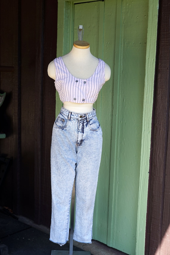 1980s 1990s Pale Pink Blue Striped Crop Top // 80… - image 2