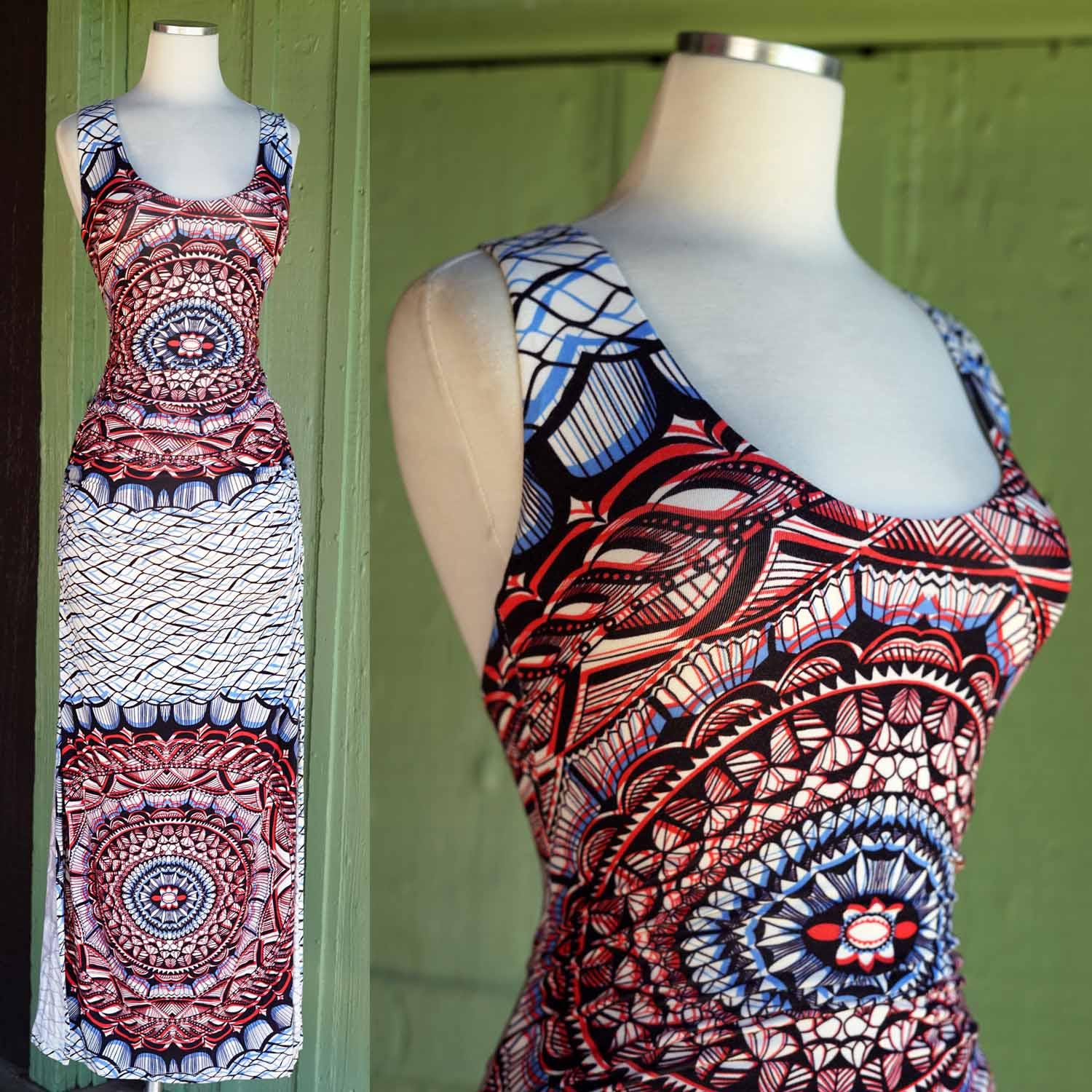 2000s Sky Sun Print Maxi Dress // Y2K Iconic Blue Red Black White Stretchy  Ruched Long Dress