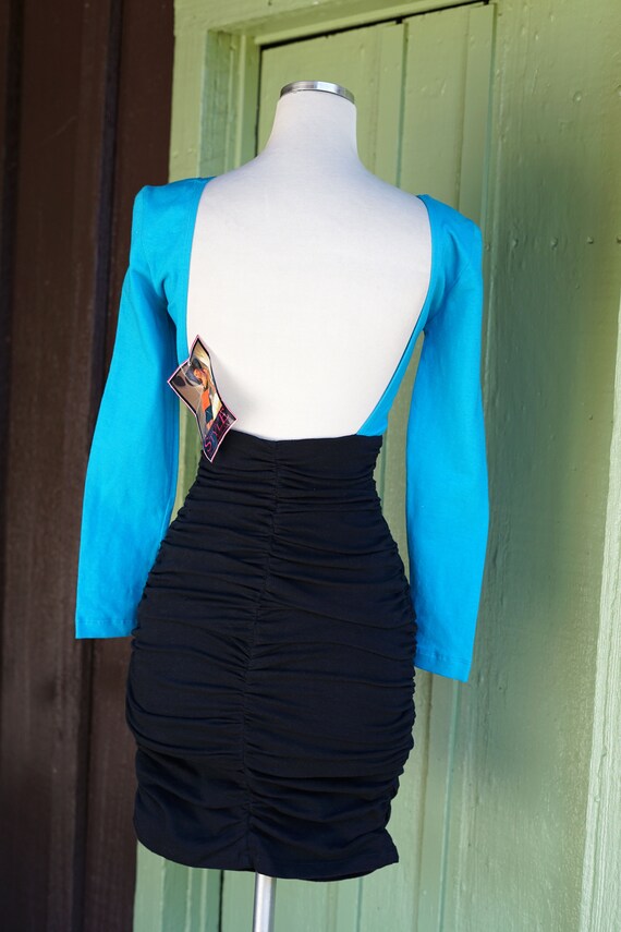 1980s 1990s Teal Black Ruched Tight Stretchy Mini… - image 7