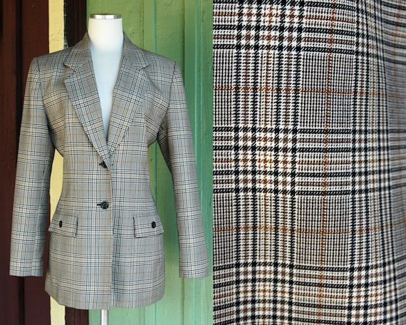 1990s Tan and Black Plaid Blazer // 90s Plaid Blaz