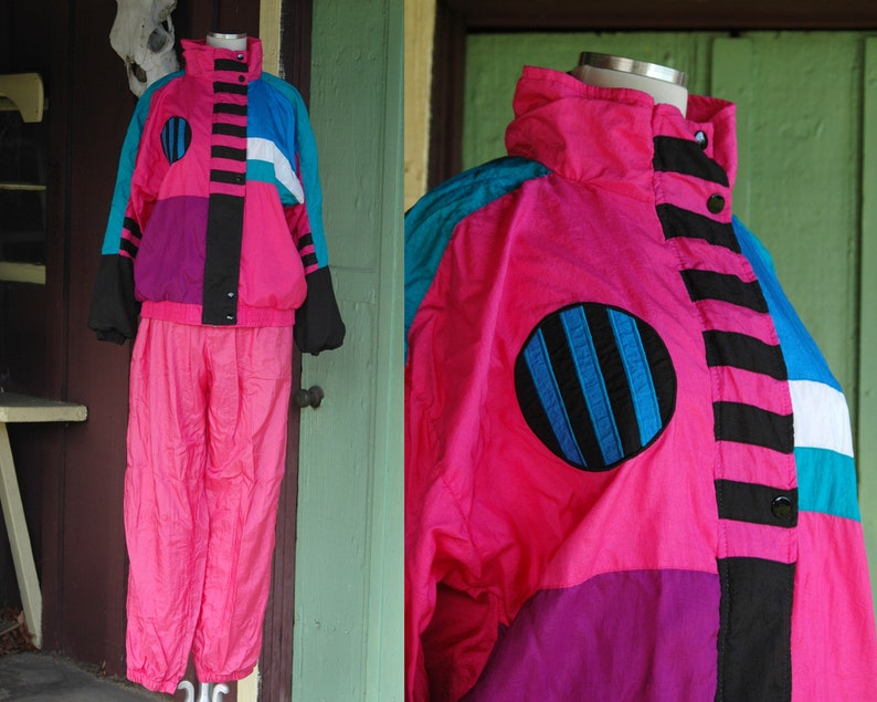 Purple Black Striped Circle 1990s Pink Graphic Print Warm Up Sweatsuit 90s Pink Blue Green