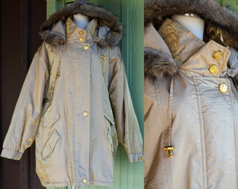 1980s 1990s Gold Metallic Overcoat with Faux Fur Trim // 80s 90s Gold Parka Jacket with Hood