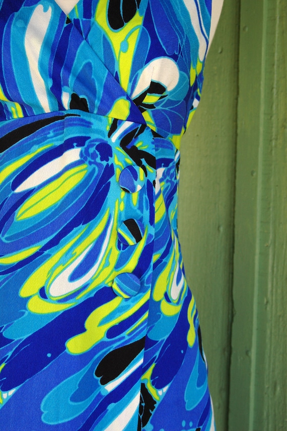 1960s 1970s Blue Turquoise Lime Green Swirly Maxi… - image 6