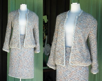 Winter Skirt Blazer Suit Set in Grey White Brown Knit // Chic Simple Skirt Suit Matching Set