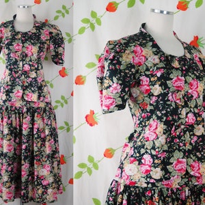 1980s 1990s Black Pink Yellow Green Rose Floral Print Blouse and Skirt Set // 80s 90s Fit and Flare Dress Look Two Piece Set