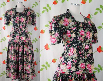 1980s 1990s Black Pink Yellow Green Rose Floral Print Blouse and Skirt Set // 80s 90s Fit and Flare Dress Look Two Piece Set