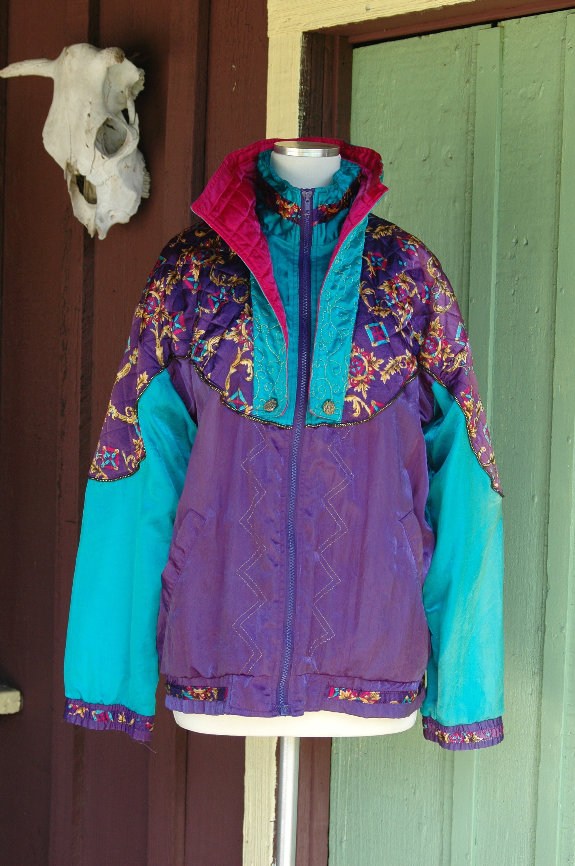 デタッチャブルフィッシングジャケット　80s〜90s　防水　XLサイズ 1980s 1990s Purple Green Ornate Warm up Jacket // 80s 90s Nylon