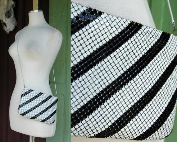 1970s Black White Striped Metal Mesh Purse // 70s… - image 1