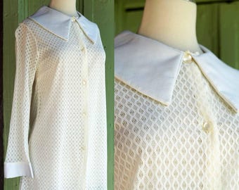 Sheer White Blouse 60s Top Nylon Nurse Uniform Collar Button up