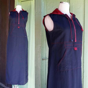 1990s Navy Blue Maxi Dress with Hood // 90s Streetwear Sleeveless Jumper with Kangaroo Pocket
