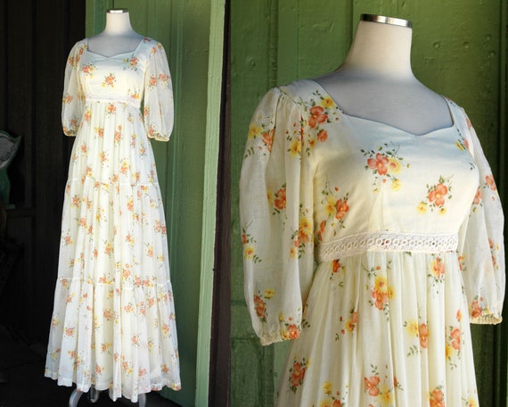 1970s Boho Hippie Pale Yellow Orange Peasant Dres… - image 5