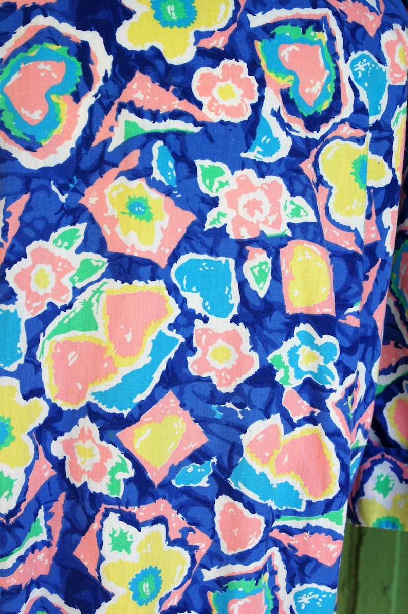 1980s Blue Pink Yellow Green Floral Heart Print Short Sleeve Blouse 80s Haband Colorful Short Sleeve Blouse Women S Clothing Clothing Bent Hospital Ir