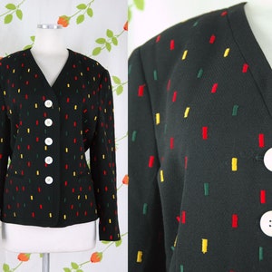 1980s Black Blazer with Red Yellow Green Stitched Sprinkles by Mondi // 80s Collarless Blazer Fun Funky Jacket