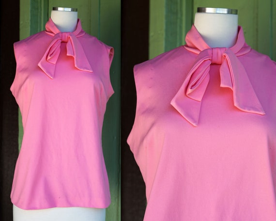 1960s Pink Tank Top with Bow Neckline // 60s Bubb… - image 1