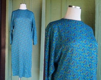 1960s 1970s Blue Green Gold Metallic Paisley Shift Dress // 60s 70s Bright Peacock Dress with Gold Sequin Neckline Midi Dress