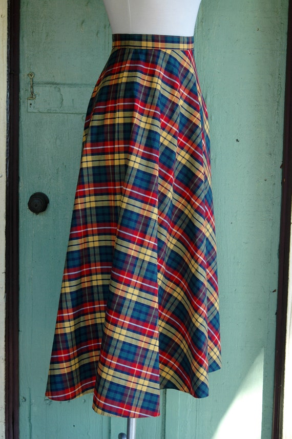 HOLIDAY 1960s Yellow Red Green Plaid Maxi Skirt /… - image 3