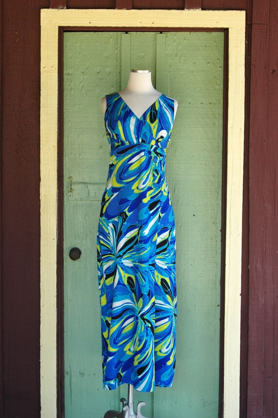 1960s 1970s Blue Turquoise Lime Green Swirly Maxi… - image 2