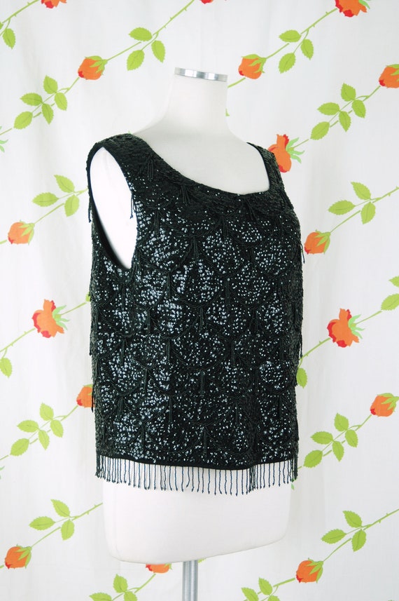 1960s Black Sequin Beaded Fringe Tank Top // 60s … - image 5