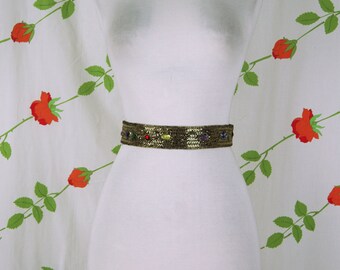 Vintage Michelle Stuart Black Beaded Statement Belt with Jewel Embellishments 1990s Gold Beaded Gemstone Rhinestone Black Satin Fabric  main image 3