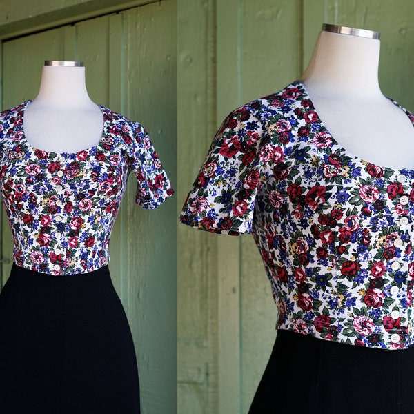 Crop top #10- floral printed organic top in navy blue main image 1