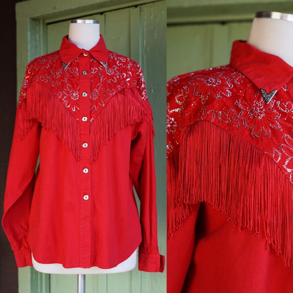 1980s 1990s Red Cotton Western Fringe Blouse with Silver Lace Trim // 80s 90s Long Sleeve Fringe Lace Country Christmas Blouse