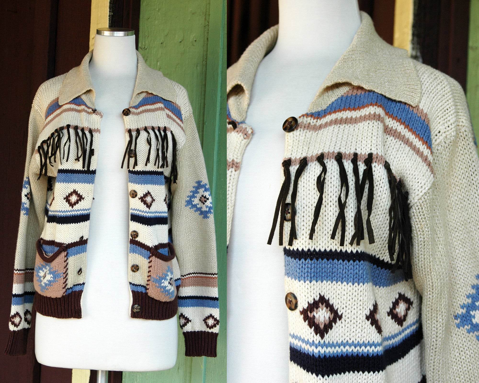 1990s Tan Brown Blue South Western Inspired Cardigan Sweater 