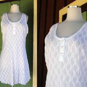 1980s Sheer White Stretch Lace Dress // 80s Tank Dress Sheer Lace Mini Dress Short Dress