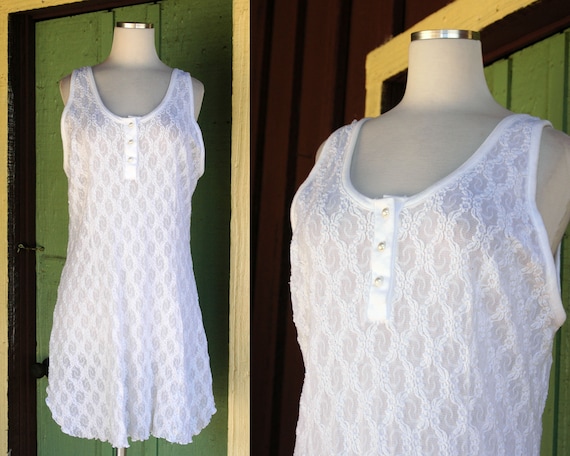 1980s Sheer White Stretch Lace Dress // 80s Tank … - image 1