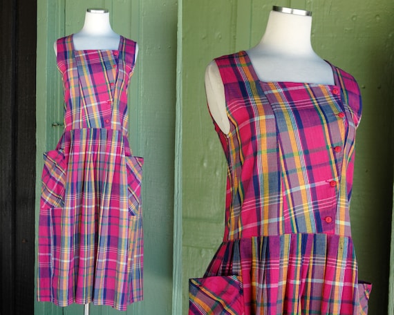 1990s Pink Blue Yellow Plaid Cotton Jumper // 90s Square Neckline Asymmetrical Button Dress with Large Patch Pockets