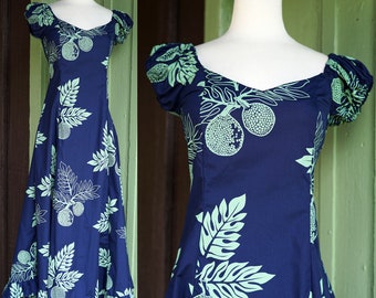 1990s Navy Blue Green Hawaiian Leafy Fruit Print Maxi Dress // 90s Hand Made Long Hawaiian Dress with Ruffled Trim