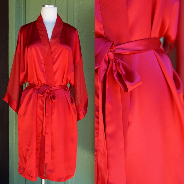 1990s Red Silky Short Robe with Sheer Wide Sleeves // 90s Red Satin Knee Length Robe with Sash Tie Belt and Pockets by Adonna