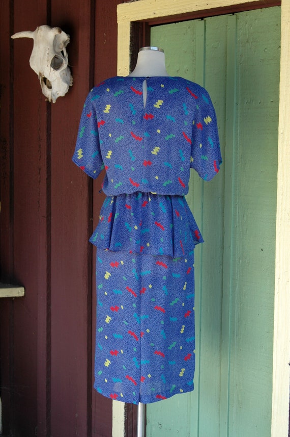 1980s 1990s Blue Confetti Print Peplum Dress / 80… - image 9