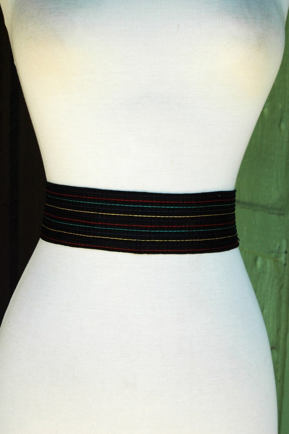 1980s Black Sash Tie Belt with Rainbow Stripe Sti… - image 4