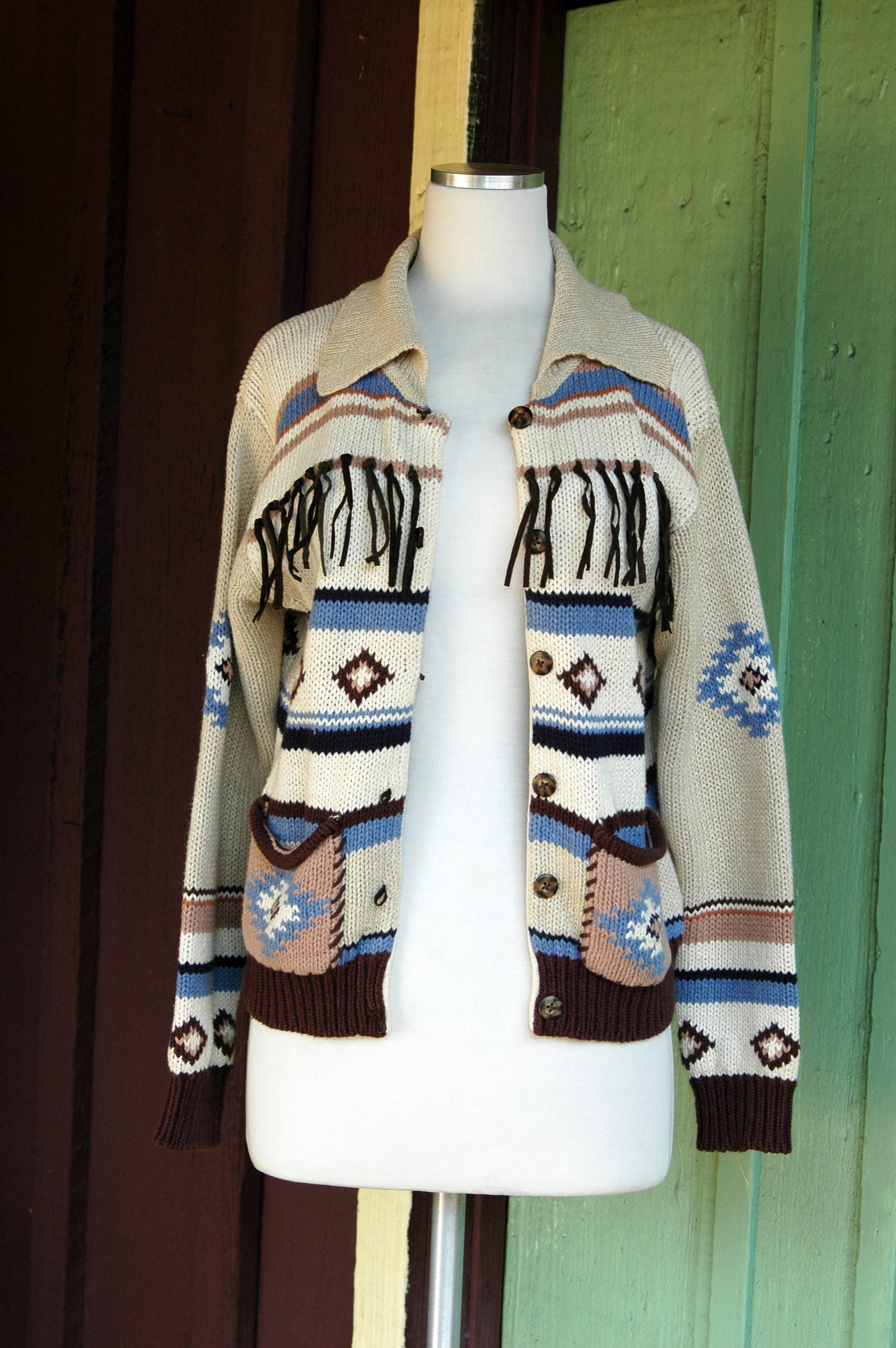 1990s Tan Brown Blue South Western Inspired Cardigan Sweater 