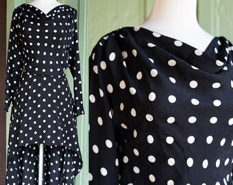 1990s Black White Polka Dot Silk Cowl Neck Long Sleeve High Low Dramatic Top // 90s Silk Dress Top