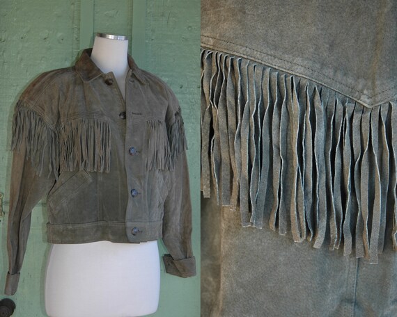 1980s Dusty Olive Green Suede Fringe Jacket // 80s