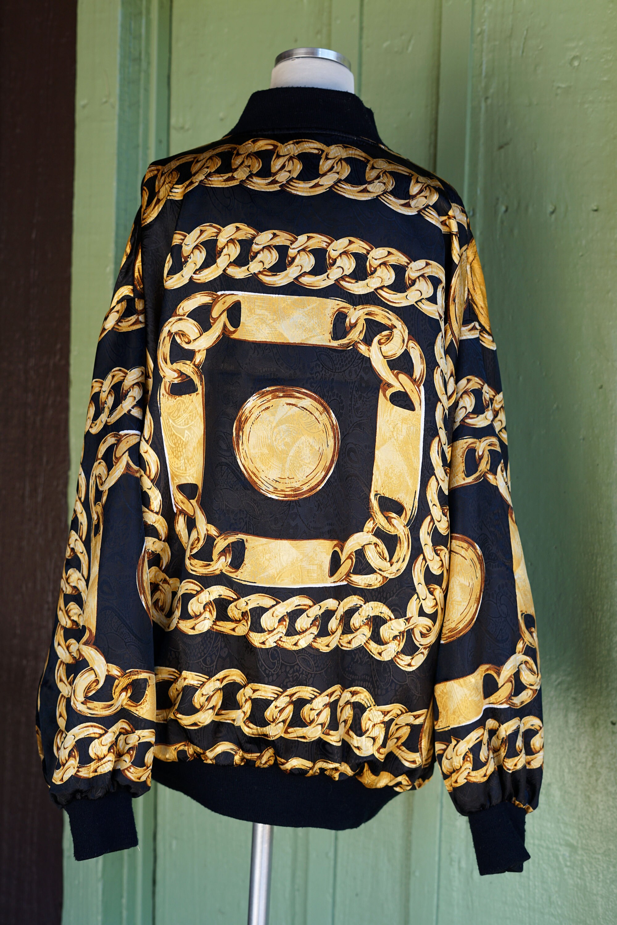 1980s 1990s Black Gold Chain Link Ornate Silky Bomber Jacket