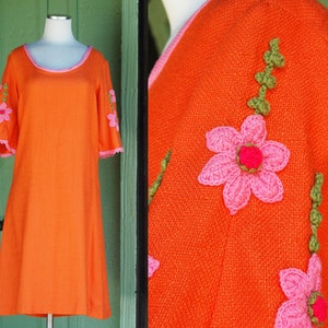 1960s 1970s Orange Knit Shift Dress with Pink Flowers // 60s 70s Bright Pink and Orange Dress with Bell Sleeves