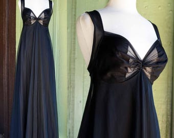 1960s 1970s Black Maxi Length Nightgown by Cattani of California // 60s 70s Flowy Ethereal Full Length Long Nightgown Dress