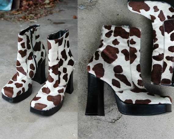 Brown and White Ponyhair Cow Print Platform Boots